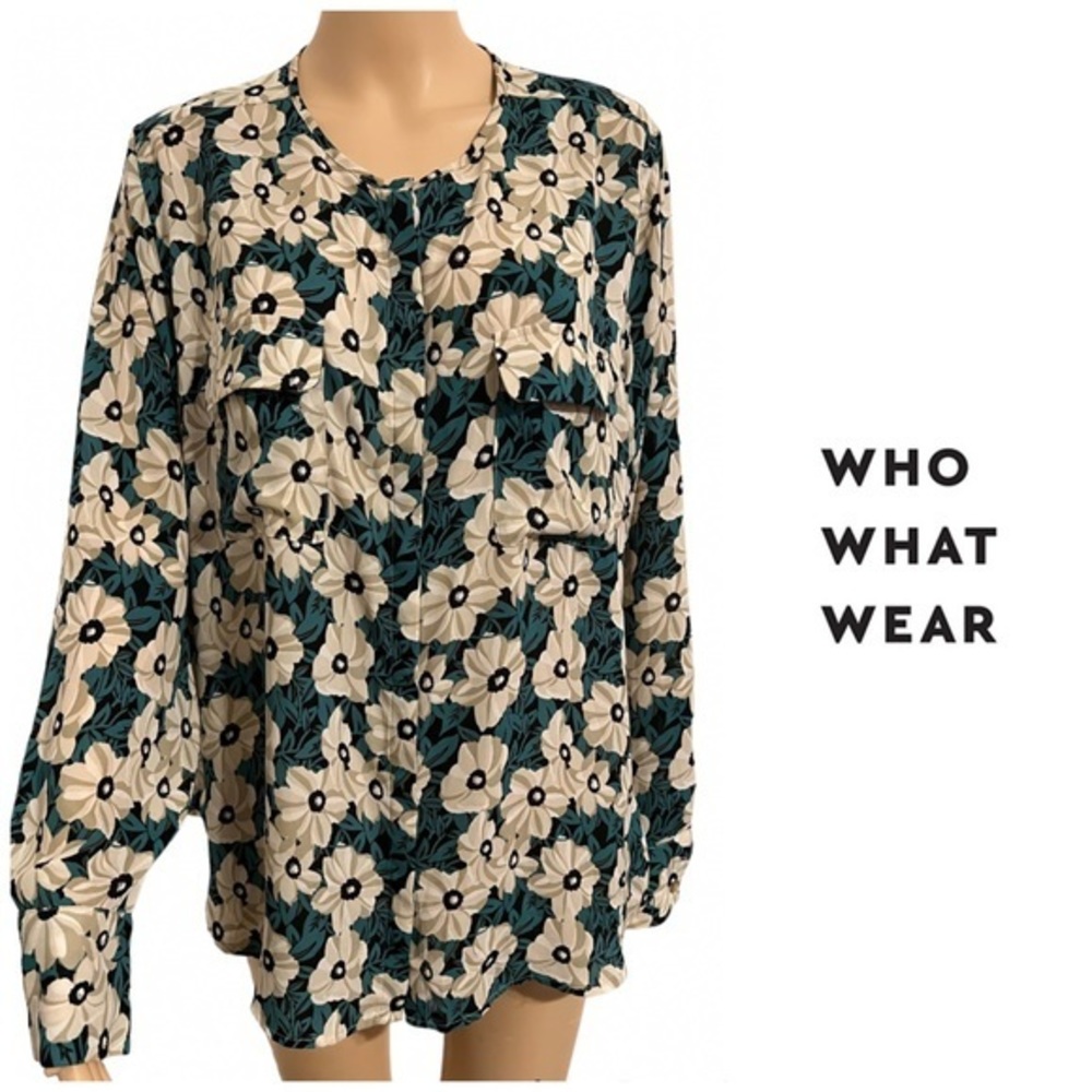 Who What Wear Ivory Green Floral Button Down Top Blouse Shirt Size XXL